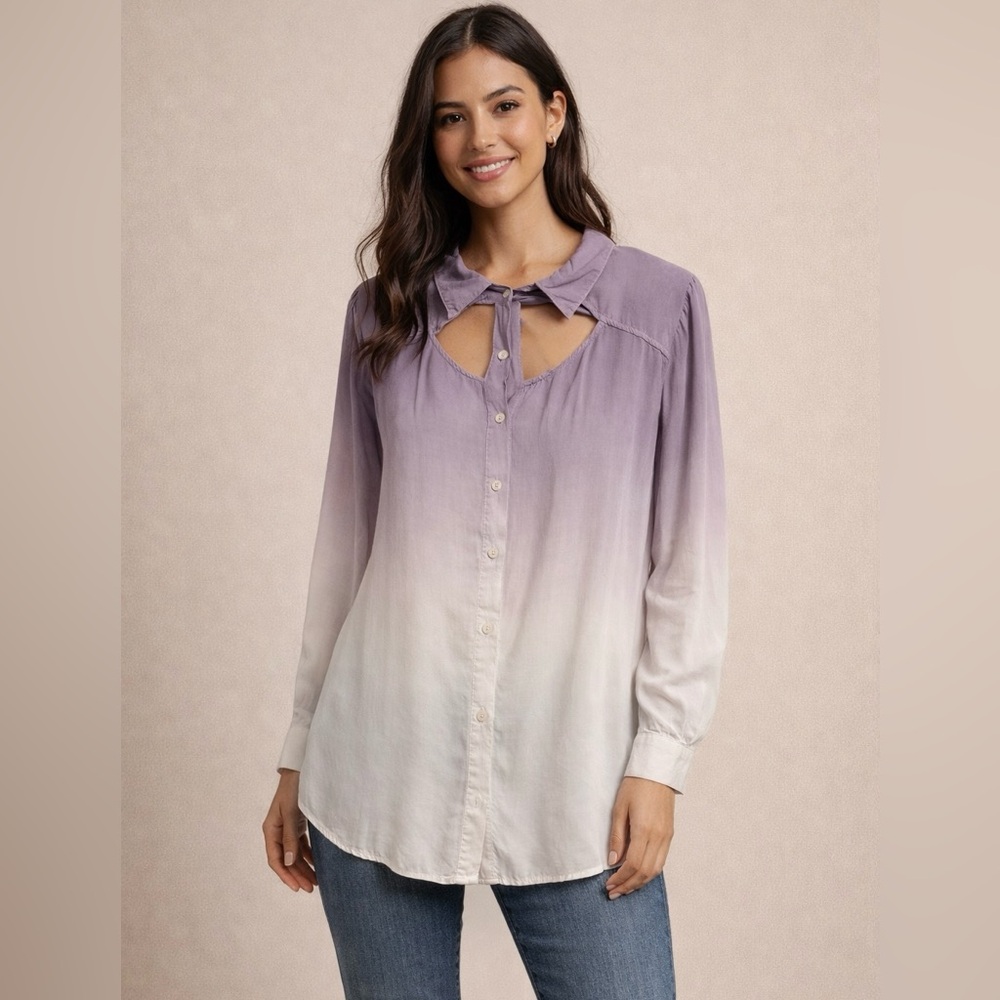 Monob Ombre Blouse Women’s Size S Purple to White Button front Long Sleeve
